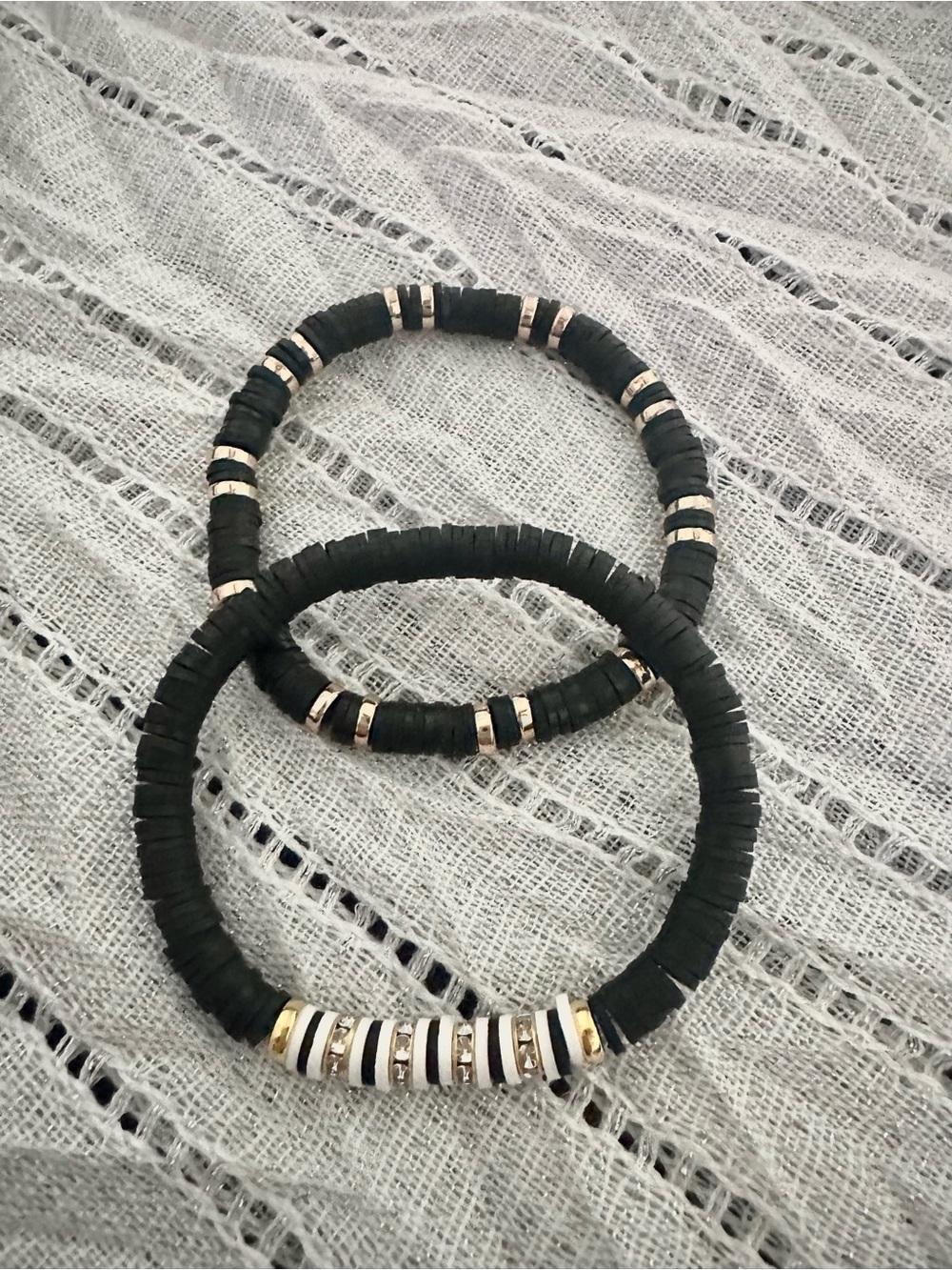 Black and White Clay Handmade Beaded Stretch Bracelets with Gold Accents - Picture 2 of 3